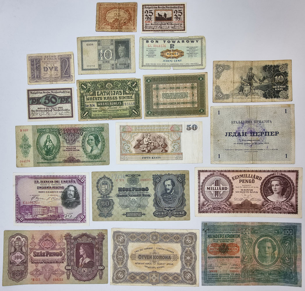 Europa - Węgry, Hiszpania, Czarnogóra, Niemcy, Łotwa, Włochy, zestaw 18 banknotów